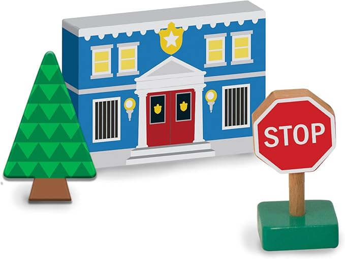 Melissa & Doug Wooden Town Play Set With Storage Tray (32 pcs) Pretend Play Wooden Town Set For Kids With Storage
