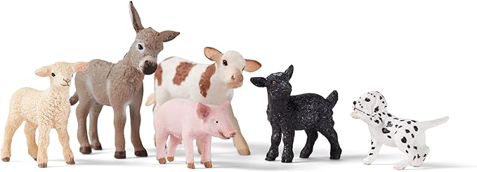 Schleich Farm World 6-Piece Baby Farm Animal Toy Gift Set Including Donkey Foal, Lamb, Calf, Dalmatian Puppy and Goat Kid