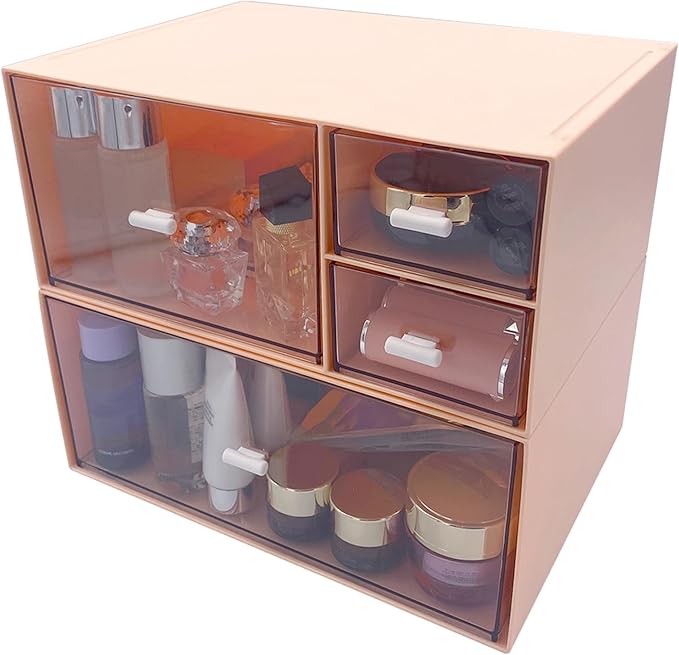 Desk Organizer with 4 Drawers, Makeup Organizer, Plastic Sundries Storage, Vanity Organizer, Cosmetic Storage Organizer, Desk Storage Box, Bathroom Counter or Dresser, Pink (CD-QBH-03)