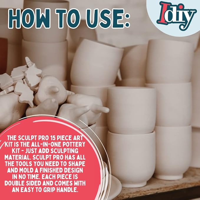 Pottery Tool Starter Kit - 15-Piece 26-Tool Beginner's Clay Ceramics Modeling Carving Sculpting Set -Arts and Crafts School Project, w Carrying Case, Birthday Gift for Kids