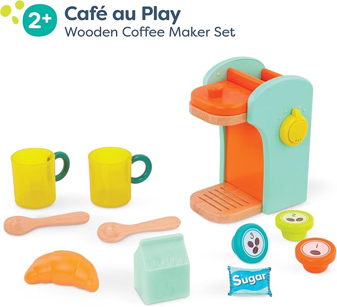 B. toys- Café au Play- Pretend Play Wooden Coffee Maker for Kids- Wooden Coffee Machine Set – 10 Pretend Play Accessories – Kitchen Play Set – 2 Years +