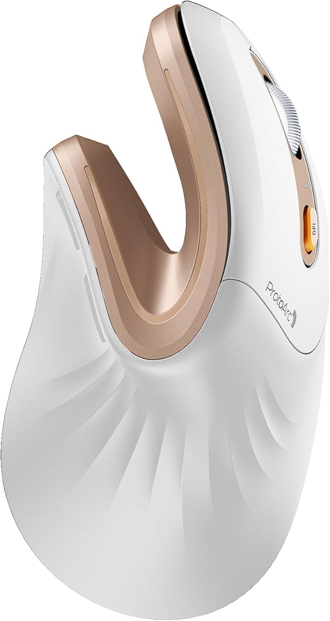 ProtoArc Ergonomic Mouse, EM11 NL Bluetooth Rechargeable Wireless Vertical Mouse, 3 Multi-Device Connectivity for Computer/PC/Laptop, 2.4GHz Optical Mice for Windows, Mac OS, White Gold