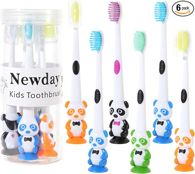 Newday Kids toothbrushes 6 Pack Set Soft Bristles with Suction Cup, Includes Travel Covers, Bear Panda toothbrushes for Kids Boys & Girls, Toddlers &Children Teeth Age 3+
