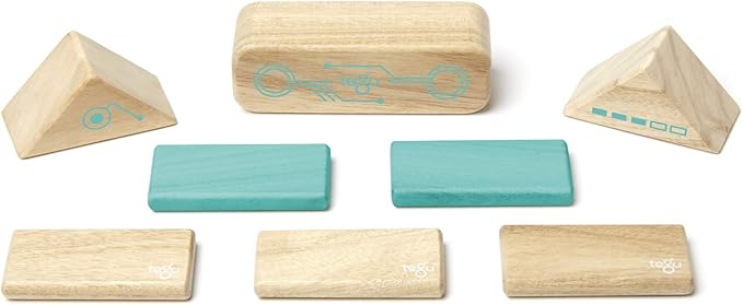 Tegu Robo Magnetic Wooden Block Set, Electric Aqua, 8 PIECE