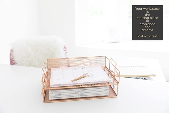 BLU MONACO | Rose Gold Mesh Paper Tray Set of 2 | Stackable Letter Trays for Desk Organization | Durable Metal Document Holder & Workspace File Storage