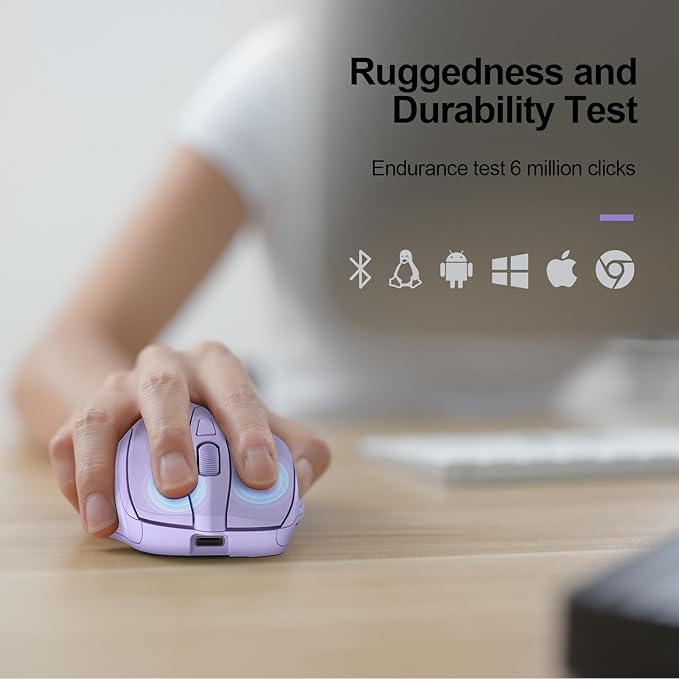 TECKNET Wireless Mouse (BT5.0/3.0 & 2.4G) Rechargeable 4800 DPI Silent USB A & Bluetooth Mouse 6 Buttons, Wide Compatibility - Lavender
