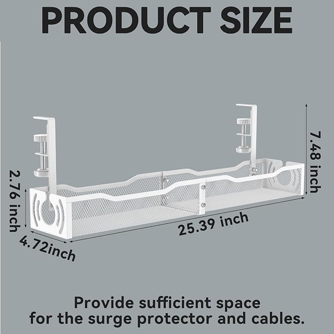 Cable Management, 25.3'' Under Desk Cable Management Tray No Drill, Metal Cable Organizer with Clamp for Wire Management, Cord Organizer for Home Office, Desk Accessories Organizer, White