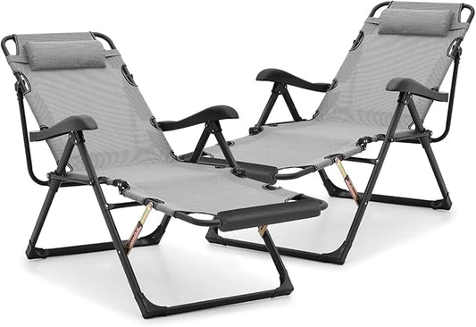 Athena Collection Zero Gravity Outdoor Lounge Chair Recliner Set of 2, 27" Width Reclining Pool Lounge Lawn Chairs with Headrest Foot Pad, Outdoor Chaise for Beach Patio Backyard Outside, Grey