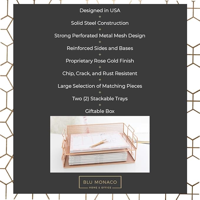 BLU MONACO | Rose Gold Mesh Paper Tray Set of 2 | Stackable Letter Trays for Desk Organization | Durable Metal Document Holder & Workspace File Storage