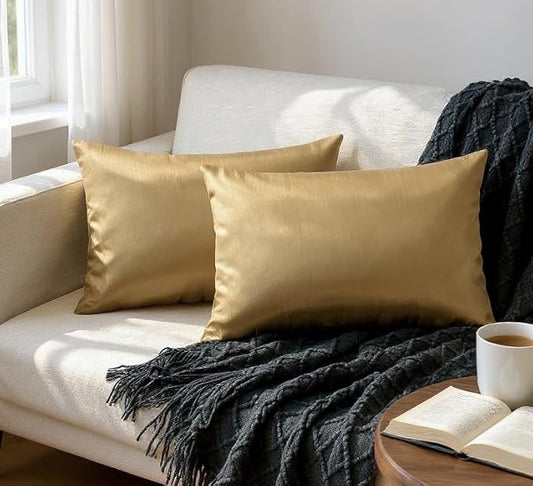 Aiking Home 12x18 Inches Faux Silk Rectangular Throw Pillow Cover, Zipper Closure, Brass (Set of 2)