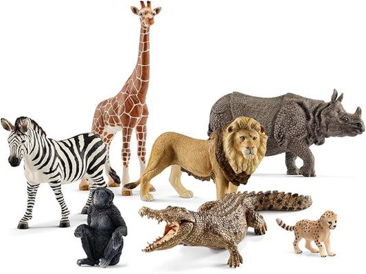 Schleich Animals Wild Life Safari Animals Figures 7-Piece Animal Figurines Set with Lion, Giraffe, Zebra, Bonobo, Rhino, Crocodile and Cheetah Cub Toy