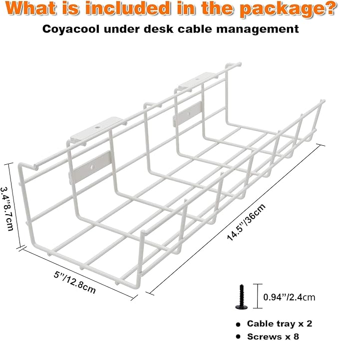 Under Desk Cable Management- 6 Pack Cord Organizer. Metal Wire Cable Management Tray for Office, Studio and Home. Super Sturdy Under Table Cable Managements - White Cable Organizer
