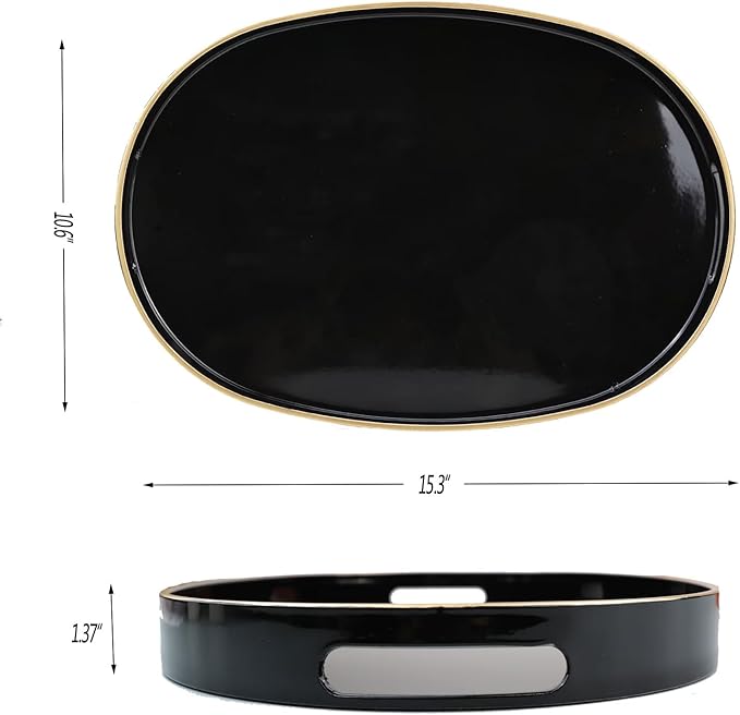 Omuriko Black Oval Decorative Tray with Handles, Versatile Serving Tray for Coffee Table, Ottoman, Ideal for Serving, Displaying, Organizing