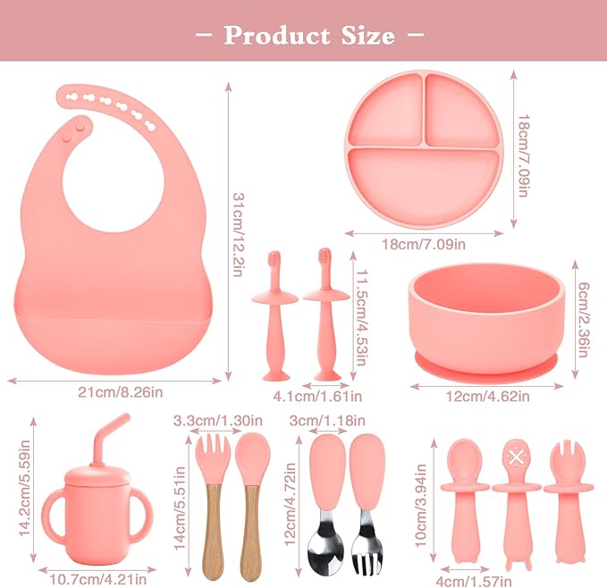 Silicone Baby Feeding Set,13PCS Baby Feeding Essentials with Suction Bowl and Plate,Spoons & Forks,Bib & Cup,Baby Toothbrush,Baby Led Weaning Supplies for 6+ Months,Baby Eating Essentials (Pink)