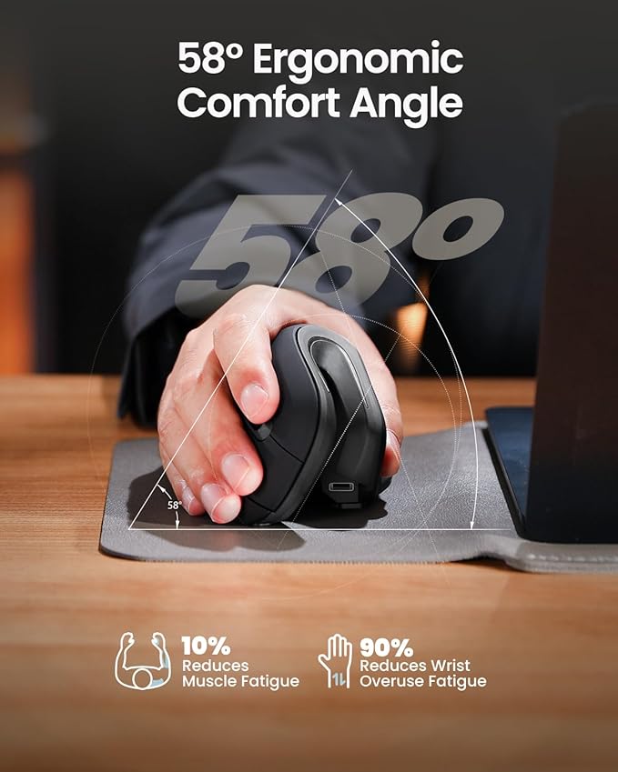 ProtoArc Ergonomic Mouse, EM11 NL Wireless Vertical Mouse, Ergo Mouse with Multi-Device, USB-C Rechargeable Mice for Windows, Mac OS, PC/Notebook/Laptop,Gray