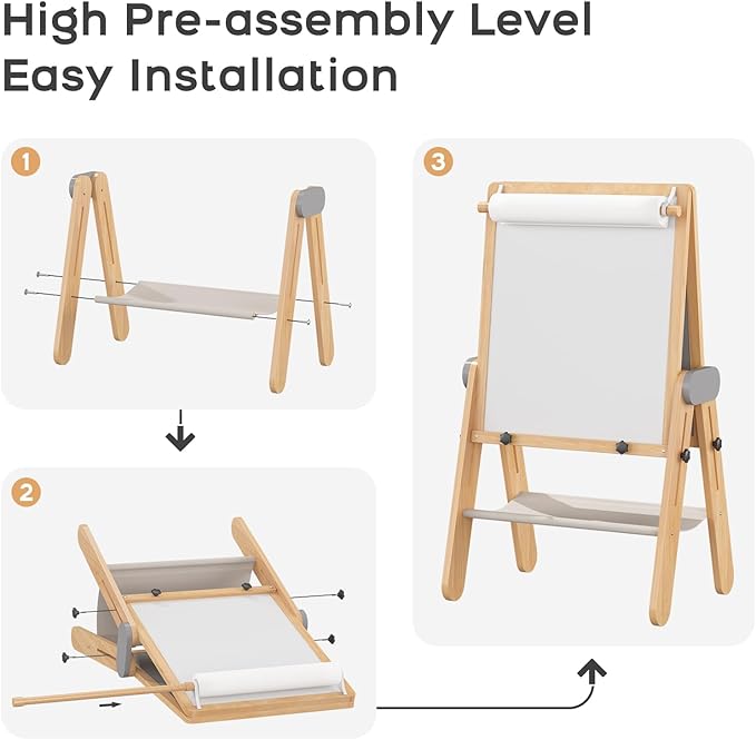 BanaSuper Kids Art Easel - Double-Sided Foldable Wooden Art Easel with Magnetic Chalkboard and Whiteboard, Portable Art Station with Paper Roll Holder for Creative Play