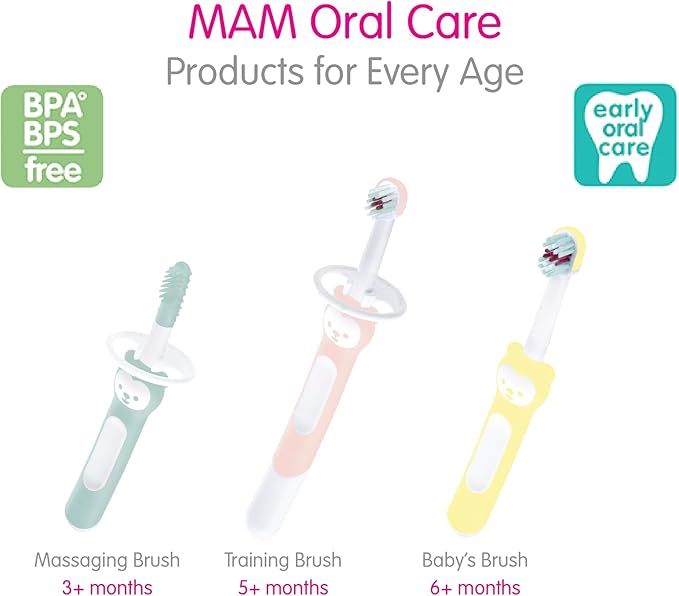 MAM Baby Toothbrushes (2 Baby's Brushes and 1 Safety Shield), Toothbrushes with Brushy The Bear Character, Interactive App, for Girls 6+ Months, Pink
