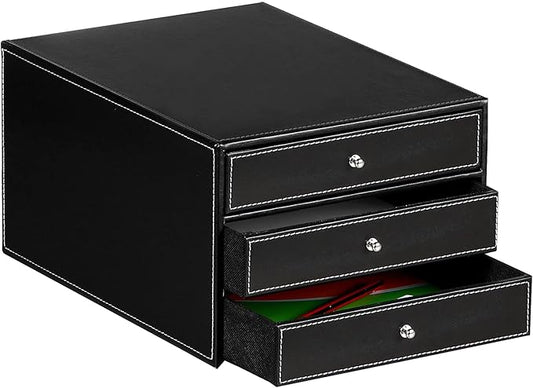 PU Leather Desktop Organizer with Drawers,3 Drawer Office Desk Organizer,Desktop Storage for Office Supplies/A4 Paper/Magazine/Book,for Office School Home.Black