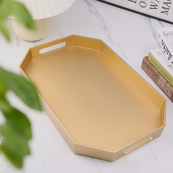 Omuriko Gold Decorative Tray with Handles, Versatile Serving Tray for Coffee Table, Ottoman, Ideal for Serving, Displaying, Organizing, 15.7"*10.2"*1.57"