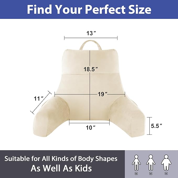 Back Pillow for Bed Sitting up, Reading Pillow for Sitting in Bed Adult, Back Support Pillow, Memory Foam Sit up Lounge Backrest Pillow with Arms for TV, Couch, Chair, Dorm, 18 Inch, Beige