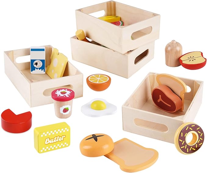 Food Groups - Wooden Play Food Sets, Pretend Play Kitchen Toys, Toy Food Accessories for Toddlers 1-3, Wood Play Fake Food for 1 2 3 Year Old Boys Girls Birthday Gift