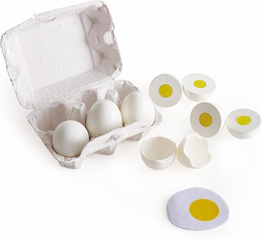 Hape Egg Carton | 3 Hard-Boiled Eggs with Easy-Peel Shell & 3 Fried, Wooden Realistic Educational Toy for Children 3+, White and Yellow (E3156)