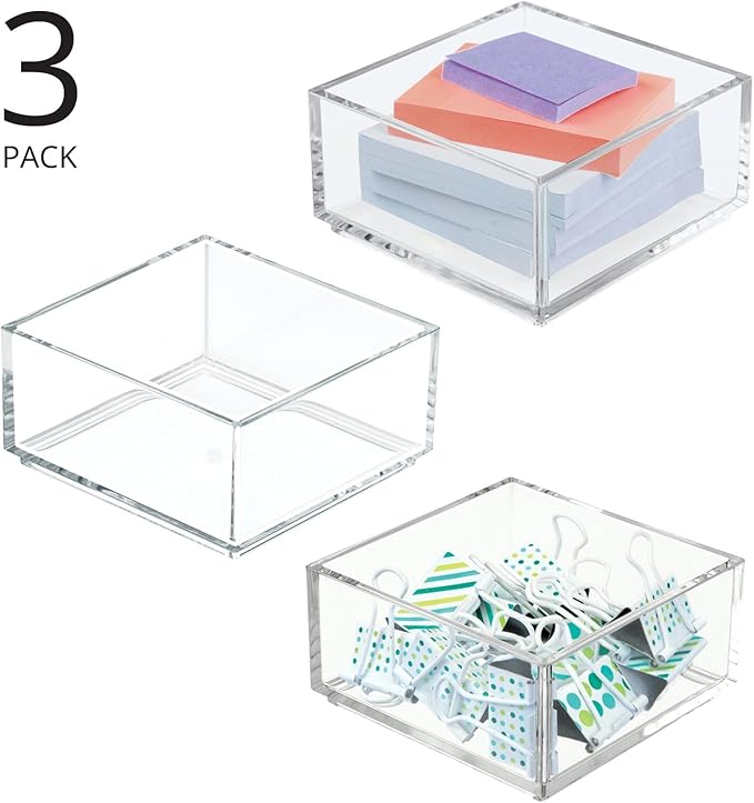 mDesign Plastic Square Desk Organizer - Create Section for Home Office Drawers, Desktop - Holds Pens, Paper Clips, Notebooks and Other Office Supply Accessory - Lumiere Collection - 3 Pack, Clear