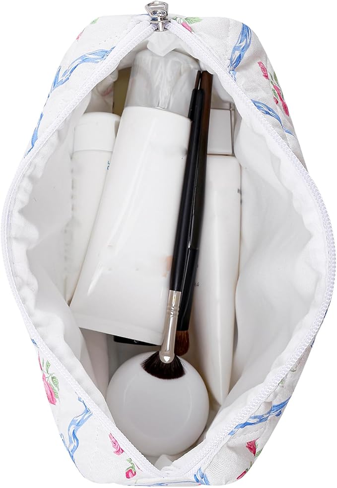 HHQQWZ Makeup Bag Travel Cosmetic Bag for Women Girls, Zipper Make Up Pouch, Floral Flowers Toiletry Organizer Makeup, Portable Storage Cosmetic Travel Cloth Bag (L/Blue Bowknot)