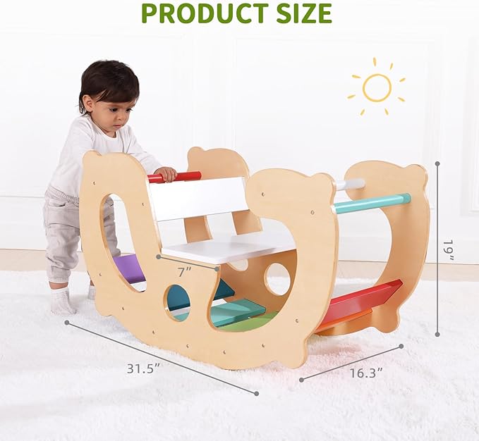 2 in 1 Rainbow Climbing Toys - Pikler Montessori Climbing Set, Wooden Rocking Horse Toy, Children Indoor Outdoor Play Gym Learning Playset, Playground for Kids Present