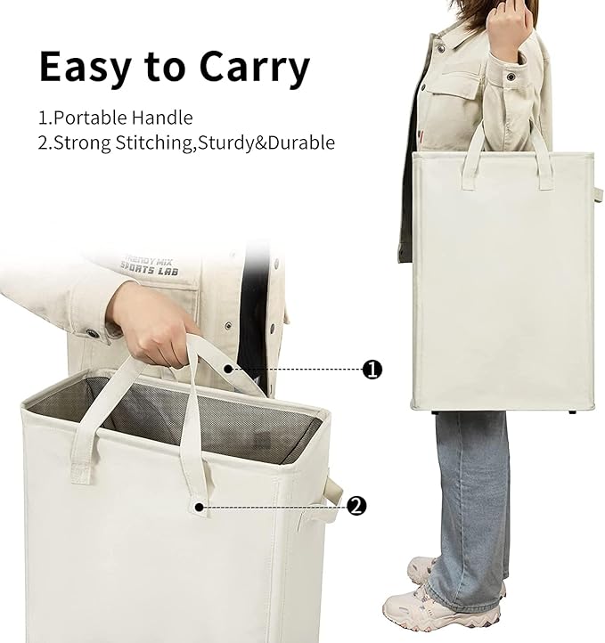 ZERO JET LAG Slim Laundry Hamper With Handles Collapsible Laundry Basket Thin Dirty Clothes Basket Narrow Laundry Bag Foldable Dirty Clothes Hamper 45L (23 inches,Beige)