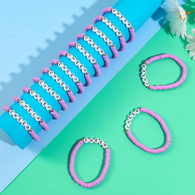 24 Pcs Cheerleader Gifts for Girls Handmade Friendship Bracelets for Teen Girls Stretch Cheer Bracelets Y2k Cheer Stuff Stackable Clay Bead Bracelets Bulk Teens Birthday Christmas Party Favors