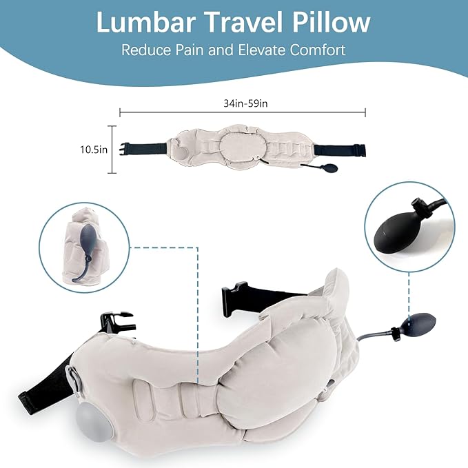 Inflatable Lumbar Pillow for Airplane Travel Lumbar Support Pillow for Office Chair/Car Seat Dual-Zone Adjustable Back Support for Reducing Lower Back Pain