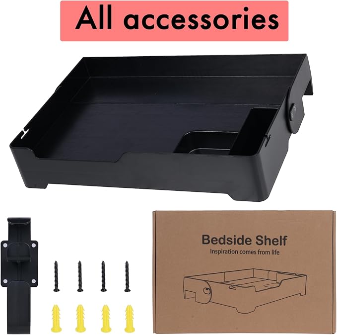 YONGJIA Foldable Bedside Shelf, bunk Bed Tray for top bunk, College, Dorm, Bedroom, Kids bunk Bed, Foldable nightstand for Book, iPhone, Kindle, Water Cup (Black)