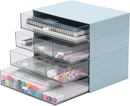 Desk Craft Organizer and Storage with 7 Flat Drawers, Stackable Plastic Desktop Accessories & Workspace Organizer for Office Stationary, Makeup Skincare, Sanitation Supplies, Blue