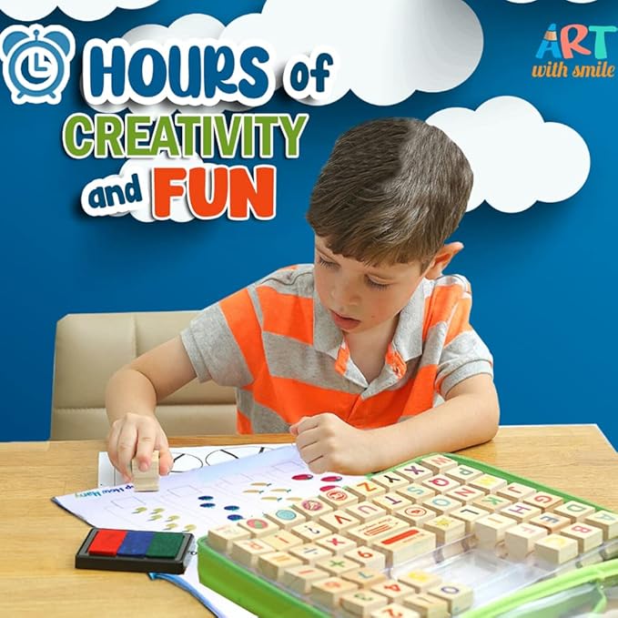 Large Wooden Stamp Premium Set for Kids. 72 Pcs Alphabet Stamps. Letters, Numbers, 3-Color Washable Ink Pad, 3 Refill Bottles, Activity Book. Ideal Creativity Kit for Back to School