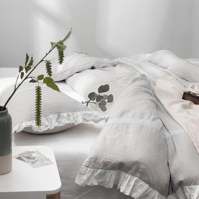 Simple&Opulence 100% Linen Duvet Cover Set (104"x92") Floral Flax King Size, Shabby Chic Ruffle Edge Lace Insert Decoration, 3 Pcs Farmhouse Bedding-1 Comforter Cover 2 Pillow Shams, Floral Grey