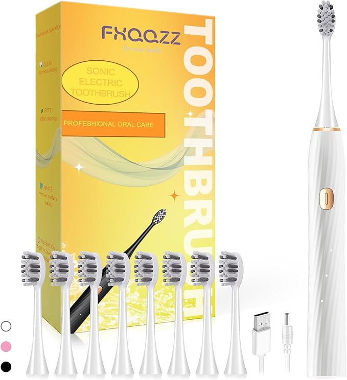 Electric Toothbrush for Adults and Kids, Sonic Electric Toothbrush, 4 Modes and 2 Minute Timer, 30000-45000VPM Power Toothbrush, IPX8, One Charge for 90 days 8 Replacement Head, Christmas Gift (White)