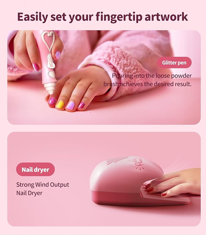 Geyiie Kids Nail Polish Set for Girls, Nail Salon Toys, Nail Decals for Nail Art for Little Girls, Kids Nail Kit with Storage Space, Fake Nails, Nail Dryer, Kids Makeup Kit as Party Favor Gifts