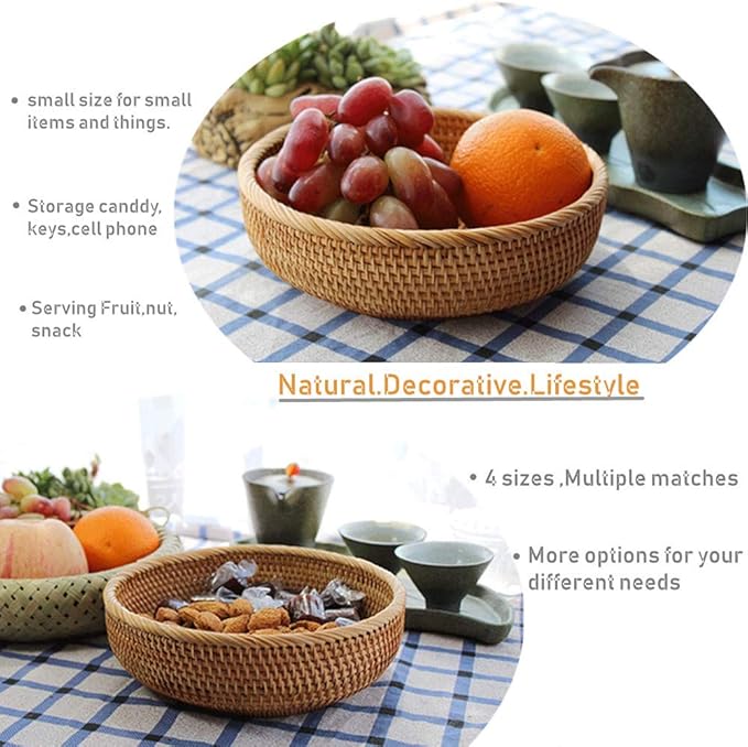 Hadewoven Round Rattan Fruit Basket Wicker Food Tray Weaving Storage Holder Dinning Room Bowl, 8 Inch Small Bread Baskets Tray for Serving with Deep Wall, Brown (Small 7.48”)