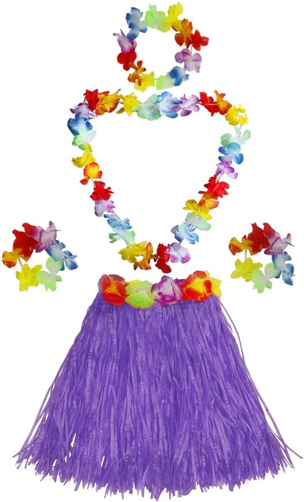 Fortuning's JDS Girl's elastic Hawaiian hula dancer grass skirt with flower costume set -purple Birthday Tropical Party Decorations