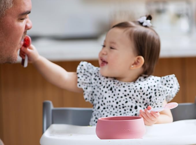 NumNum Suction Bowl + Pre-Spoon GOOtensils Self Feeding Set for Babies & Toddlers | Baby Spoon Set (Stage 1+ 2) | 100% Food Grade Silicone BPA-Free | Strong Suction | 4 months+ (Blue/Navy)