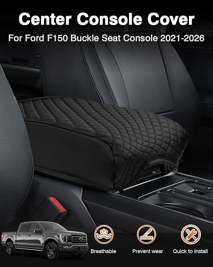Shademax Center Console Cover for Ford F150 2021-2025 2026 Accessories, F150 Armrest Cover Bucket Seat Console Arm Rest Cushion Pad Leather Middle Console Armrest Lids Protector (Bucket Seat Only)