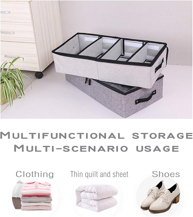 AARAINBOW 2 Packs Foldable Under Bed Clothes Organizer with Lids, Underbed Storage Container with Adjustable Dividers, UnderBed Storage Bins with Handles and Clear Window (Gray+Light Gray)