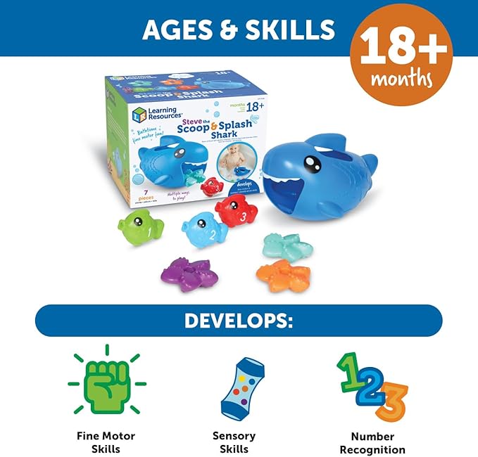 Learning Resources Steve The Scoop & Splash Shark, 7 Pieces, Ages 18 Months+, Toddler Learning Toys, Baby Toys ,Toddler Bathtub,Pool Toys, Water Toys