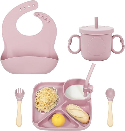 Silicone Baby Feeding Set, Baby Led Weaning Supplies, Silicone Suction Plate, Bowl, Spoons, Fork, Waterproof Bib, Cup and Food Tableware, Eating Utensils Baby Feeding Essentials for 3+ Months