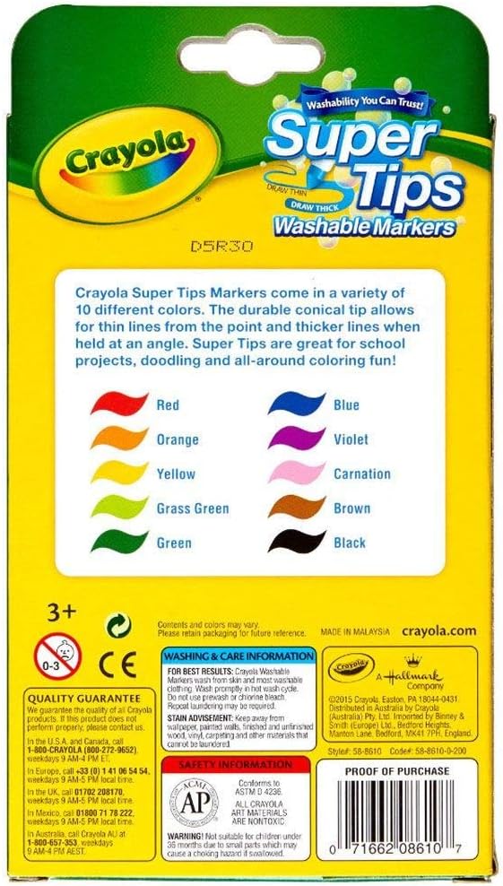 Crayola, 588610, Washable Super Tips Markers, Broad/Fine Bullet Tip, Assorted Colors, 10/Set, Sold As 3 Sets