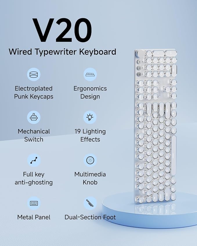 EWEADN Typewriter Style Mechanical Keyboard, Wired Typewriter Keyboards,104 Keys Backlit LED Metal Keyboards, Media Control Knob, Wired Computer Keyboard White Switch for Windows/Mac/PC-White