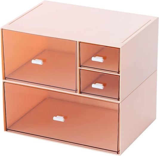 Desk Organizer with 4 Drawers, Makeup Organizer, Plastic Sundries Storage, Vanity Organizer, Cosmetic Storage Organizer, Desk Storage Box, Bathroom Counter or Dresser, Pink (CD-QBH-03)
