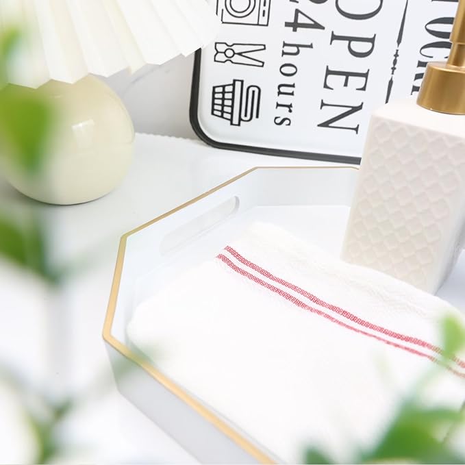 Omuriko White Decorative Tray with Handles, Octagon Versatile Serving Tray for Coffee Table, Ottoman, Ideal for Serving, Displaying, Organizing