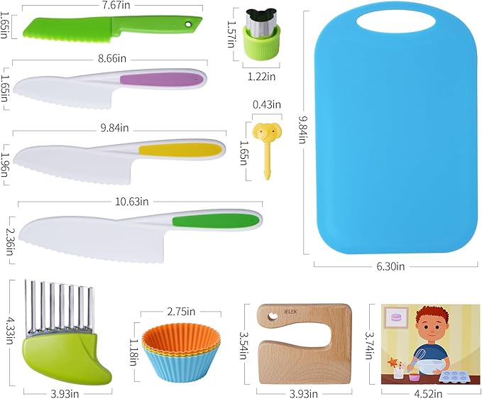 Kids Safe Knives Set, 30 Pieces Kids Wooden Kitchen Knife Kits for Real Cooking with Cutting Board, Peeler, Potato Slicer, Fruit Cutters Shapes and Fork Picks, Dishwasher Safe